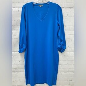JudyP Vibrant Blue V Neck Bodycon Ruched Sleeve Dress Medium